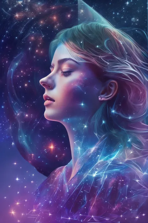 （multiple exposure：1.8），dubrec style，girl virtual holographic digital avatar，futuristic magnificent starry sky image foreground，...