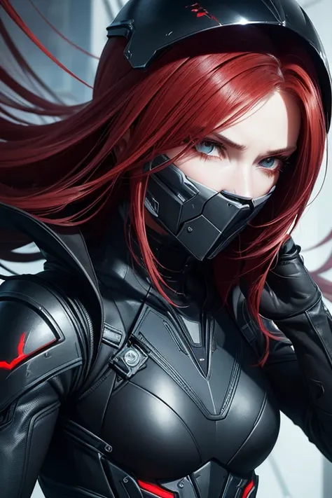 a close up of a person with a helmet on and red hair, concept art by ei-q, tumblr, gothic art, blame!, blame, blame manga, futur...