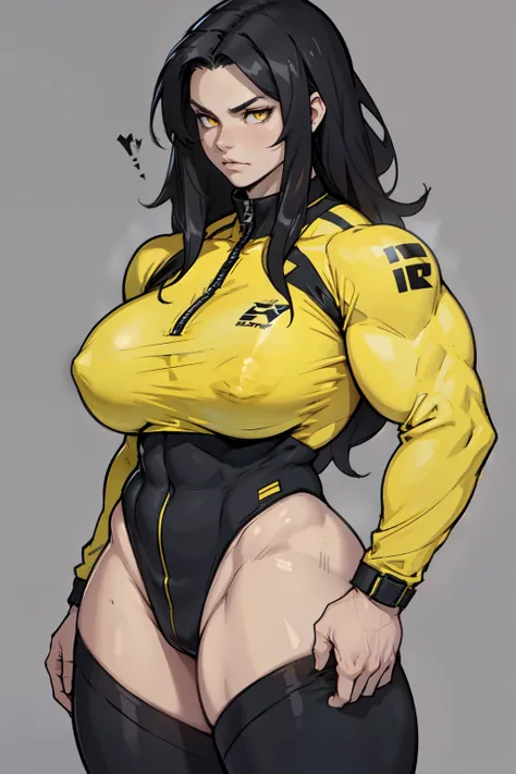 ((1girl)) (huge breasts) pale skin (muscular) toned body thick thighs black hair yellow eyes (long hair grey background) bodybuilder sulking long sleeve leotard