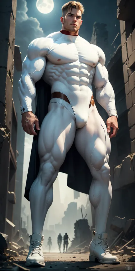 filmposter，Wearing a smooth rice milk white spandex suit，Standing alone in the ruins of the apocalypse，expression sad，Deep and charming eyes，Emerald-like pupils，muscular male hero，Heroic male pose，Tall and burly，musculous！Sexy charming muscular leg muscles...