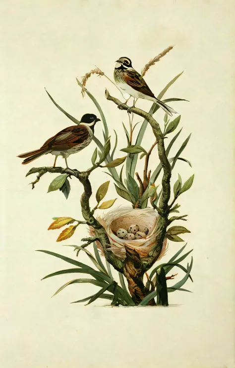 there are two birds sitting on a branch with a nest, by John James Audubon, naturalist illustration, audubon, by Charles Bird King, illustration, an illustration of, an illustration, inspired by John James Audubon, by Johann Bodin, by Jacob Philipp Hackert...