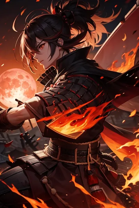 samurai, blood moon, night, battle, burning village,