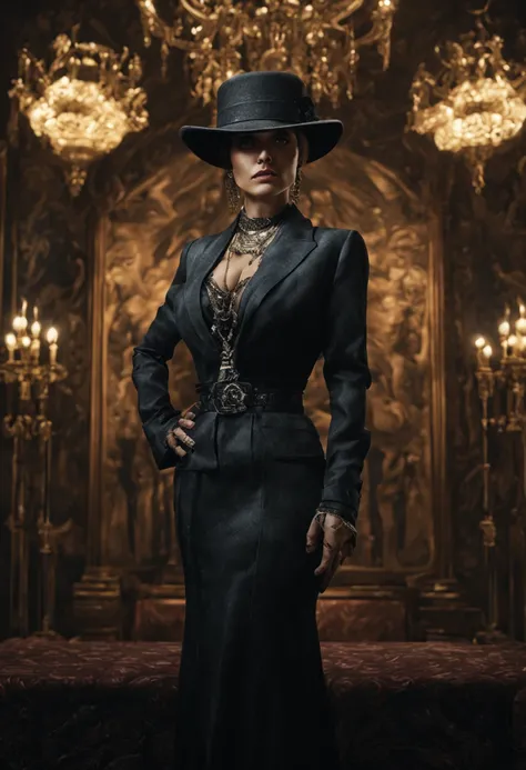 full body portrait of beautiful female 1900s gangster, perfect detailed face, detailed symmetric circular iris, Peaky Blinders aesthetic, realistic, stunning realistic photograph italian mafia character, 3d render, octane render, intricately detailed, cine...