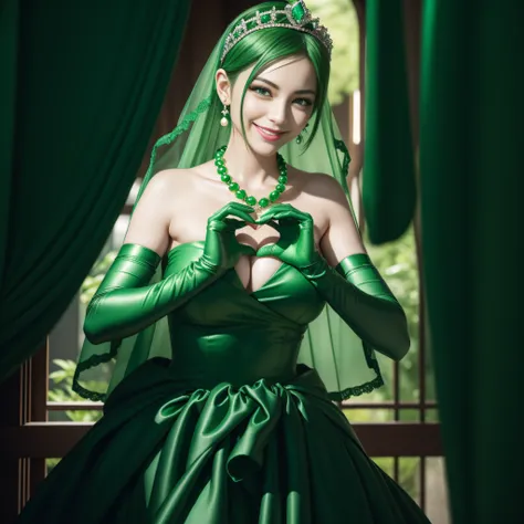 emerald tiara, Green Pearl Necklace, Boyish very short green hair, lipsticks, Japan woman smiling, very short short hair,  big breasts beautiful, Green eyes, Long green gloves made of satin material, Green eyes, Emerald Earrings, green vale, Heart with bot...