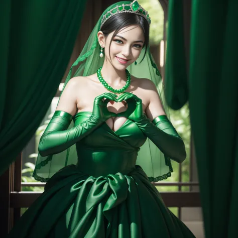 emerald tiara, Green Pearl Necklace, Boyish very short black hair, lipsticks, Japan woman smiling, very short short hair,  big breasts beautiful, Green eyes, Long green gloves made of satin material, Green eyes, Emerald Earrings, green vale, Heart with bot...