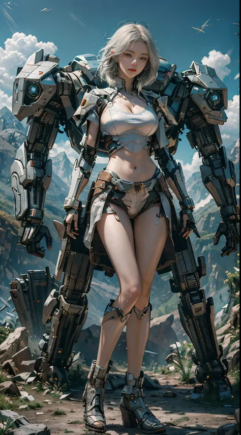 （（Mejor calidad））， （（tmasterpiece））， （El es muy detallado：1.3）， ..3D， shitu-mecha， Hermosa mujer cyberpunk con su mech rosa en las ruinas de la ciudad de Forgotten War， The belly button and arms are exposed，Ancient Techniques， HDR（HighDynamicRange）， Trazad...