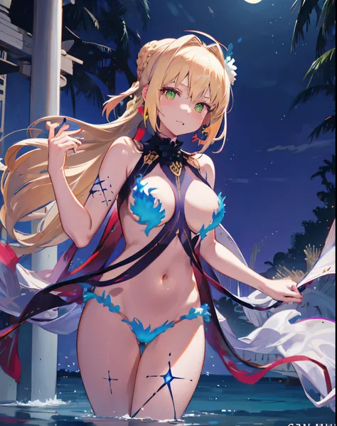 Equipment kilometers, blue flame, 1个Giant Breast Girl, nedium breasts, Nero Claudius (destiny), Blonde hair, shairband, By bangs, Be red in the face, ahoge, star earrings, ribbons, jewely, green-eyed, looking at viewert, 耳Nipple Ring, with her mouth open, ...