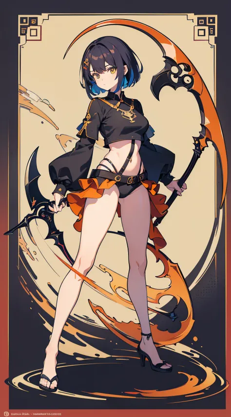 1girl, short amber hair,(masterpiece, top quality, extreme detailed,colorful,perfect anatomy ,(( fullbody)), standing, round shirt , sexy pose, carrying a large scythe , standing pose, look at viewer