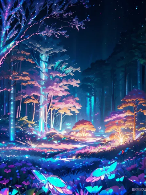 Enchanted mystical forest, neon-colored butterflies, pure blue water river spring, golden mini fairies, glowing mushrooms releasing pollen, extremely beautiful landscape, (ultra-realistic), {extremely detailed 8k CG unit wallpaper}, expansive landscape pho...