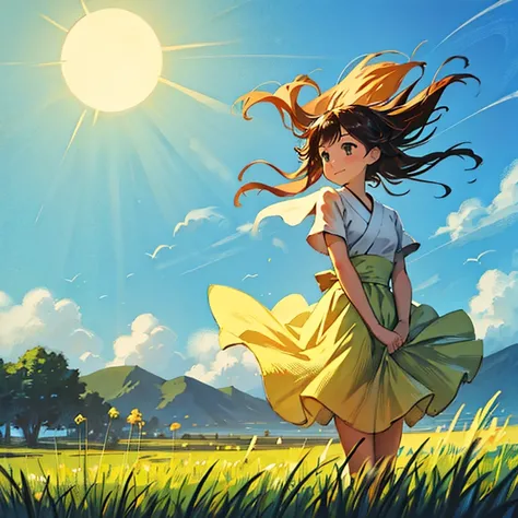 Alone, Towards the sun, Full of hope, The sky is bright、grass field、setting off、two-dimensional painting style、Shinkai Style.