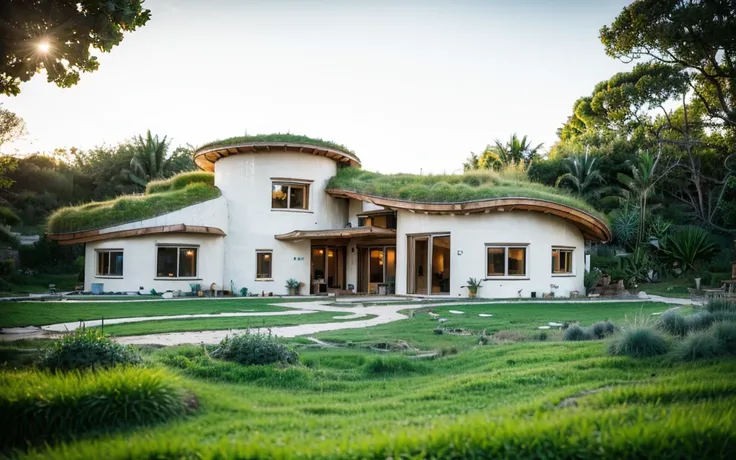 A photograph of a symmetrical contemporary house with curved, organic, angular, rounded and (((green roof))) with a (((Biological pool))) in the tropical backyard, white plaster (((rustic clay stucco))), (((wave-shaped green roof with a wooden edge))), (((...