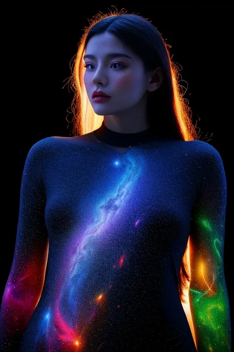 （multiple exposure：1.8），Dubrec style，Girl virtual holographic digital avatar，Futuristic magnificent starry sky image foreground，psychedelic starry sky，In space，Complex illustrations in surrealist art style，Surreal dreams，Become an invisible virtual hologra...