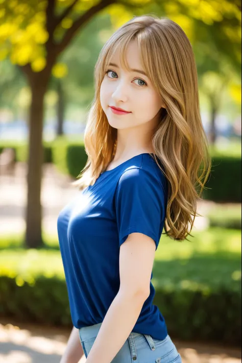 very skinny ,  long hair ,  american  girl  Allison Mack ,large eyes  ,shallow depth of field , brown hair ,red lips, 
 blurry, , blonde hair  ,  feliz  , soft skin, ,  ,
 , ,  blue  t-shirt,  jens pants , park selfie