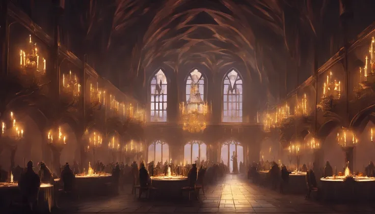 medieval fantasy royal banquet celebration and festivities, a regal hall with bright chandeliers and dark magic aesthetic