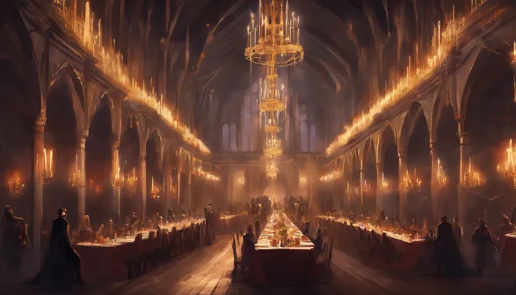 medieval fantasy royal banquet celebration and festivities, a regal hall with bright chandeliers and dark magic aesthetic