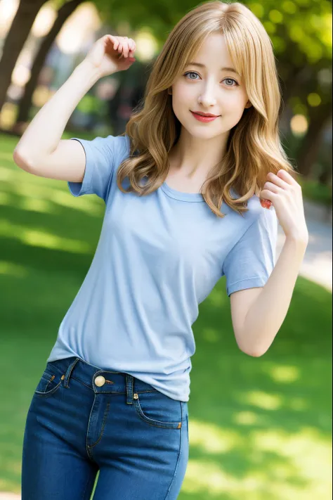 very skinny ,  long hair ,  american  girl  Allison Mack ,large eyes  ,shallow depth of field , brown hair ,red lips, 
 blurry, , blonde hair  ,  feliz  , soft skin, ,  ,
 , ,  blue  t-shirt,  jens pants , park selfie