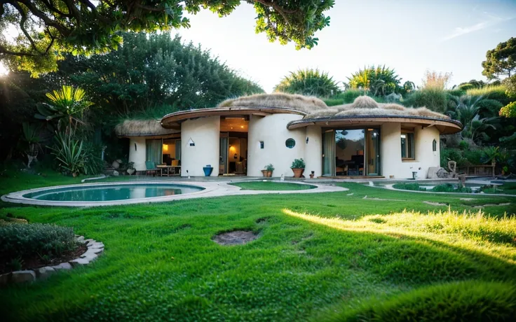 A photograph of a symmetrical contemporary house with curved, organic, angular, rounded and (((green roof))) with a (((Biological pool))) in the tropical backyard, white plaster (((rustic clay stucco))), (((wave-shaped green roof with a wooden edge))), (((...