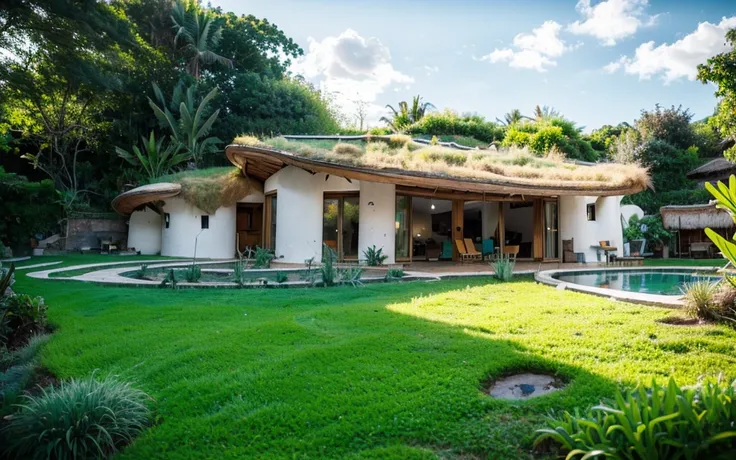 A photograph of a symmetrical contemporary house with curved, organic, angular, rounded and (((green roof))) with a (((Biological pool))) in the tropical backyard, white plaster (((rustic clay stucco))), (((wave-shaped green roof with a wooden edge))), (((...