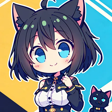 girl with、Chibi、((Best Quality, high_resolution, Distinct_image)),(Black hair), (Black cat ears), (Ahoge), (absurdly short hair), (Wavy Hair), (Blue eyes),Tremendous smile、a very cute、mideum breasts、