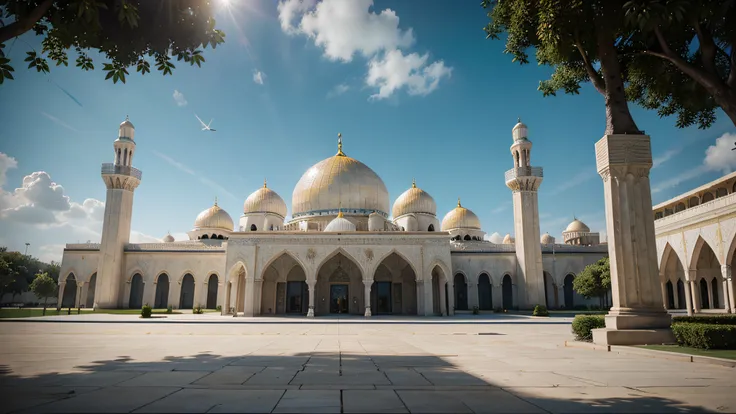 A very magnificent white mosque clean with golden domes, soft golden laser beam, day time, amazing blue sky, beautiful clouds, Cell shading, detailed, vantablack, blur, Ocatane render, depth of field, cell shading, intricate detail, 4K, amazing detailed, f...