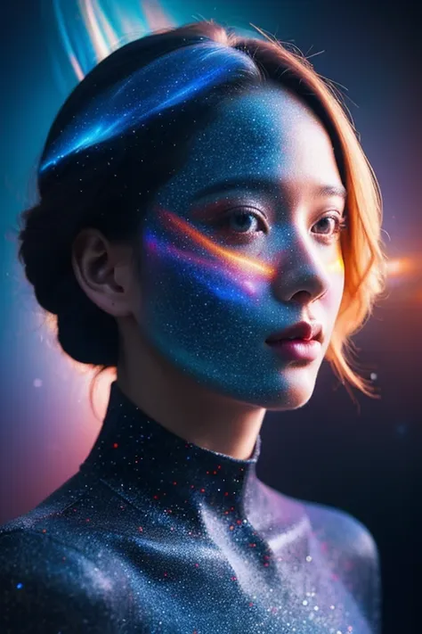 （multiple exposure：1.8），dubrec style，girl virtual holographic digital avatar，futuristic magnificent starry sky image foreground，...