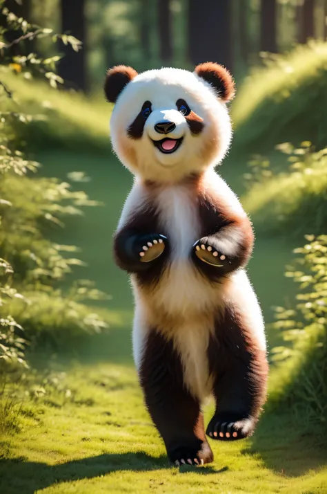 (Masterpiece), (Realistic), (best quality), (8K), UHD, hyper details, (a very cute baby panda), (a very cute baby red bear), (a very cute baby polar bear), running down the grass-hill, big cute eyes, happy expression, very fluffy, very adorable, blue sky, ...