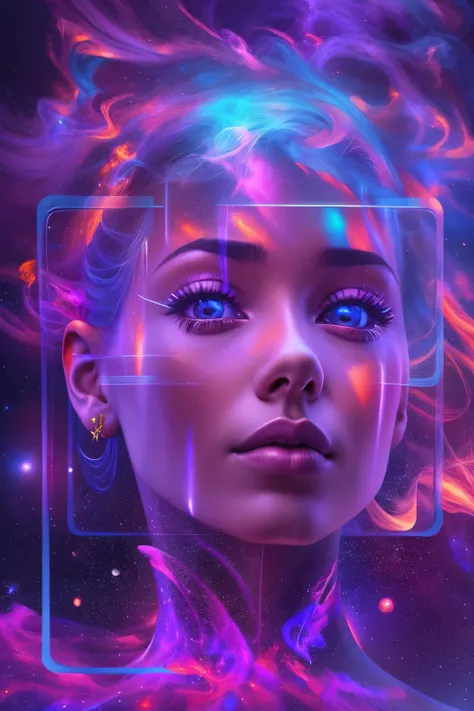 （multiple exposure：1.8），Dubrec style，Girl virtual holographic digital avatar，Futuristic magnificent starry sky image foreground，psychedelic planet，magic nebula，In space，Complex illustrations in surrealist art style，Surreal dreams，Become an invisible virtua...