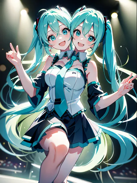 (masterpiece, best quality), best resolution, (2heads:1.5), 1girl, hatsune miku, aqua hair, twin tails, long hair, aqua eyes, op...