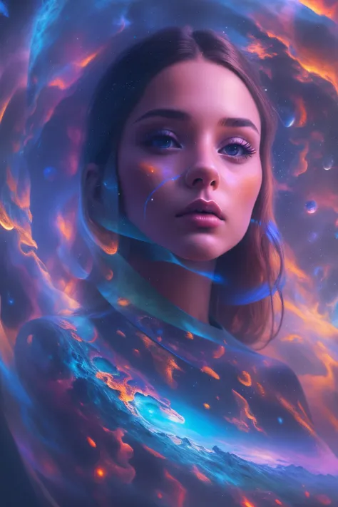 （multiple exposure：1.8），Dubrec style，Girl virtual holographic digital avatar，Futuristic magnificent starry sky image foreground，psychedelic planet，magic nebula，In space，Complex illustrations in surrealist art style，Surreal dreams，Become an invisible virtua...