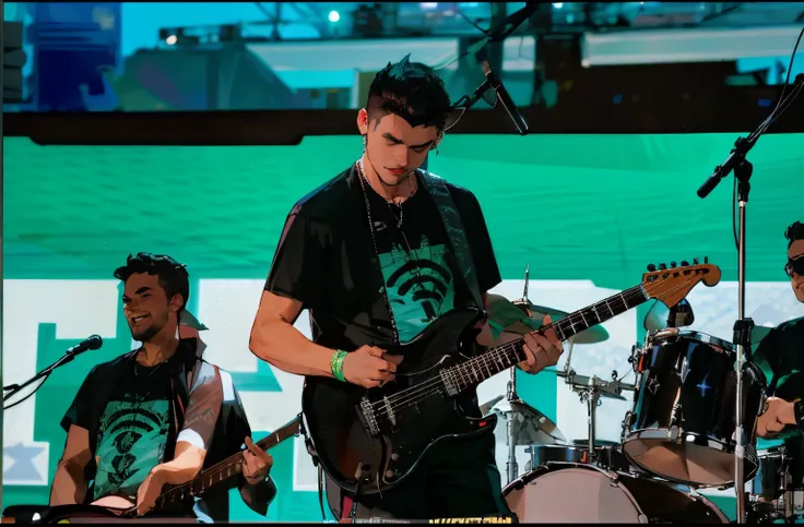 there are three men playing guitar on a stage with green screen, tocando guitarra no palco, A scooter ( Banda EDM, solid background, no palco, Fotografia de concerto ao vivo, Apresentando-se no palco, rocking out, suave em _ O pano de fundo, by Amelia Pelá...