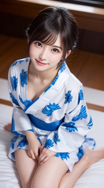 Innocent 20 year old girl、((Wear an open-chested yukata,Dramatic poses))Smile,short-cut,Bed background,beutiful breast、Beautiful udder、beautiful nipple,Raw photo, ultra-detailliert, Studio Soft Light, Rim Lights, vibrant detail, super detailing, realistic ...