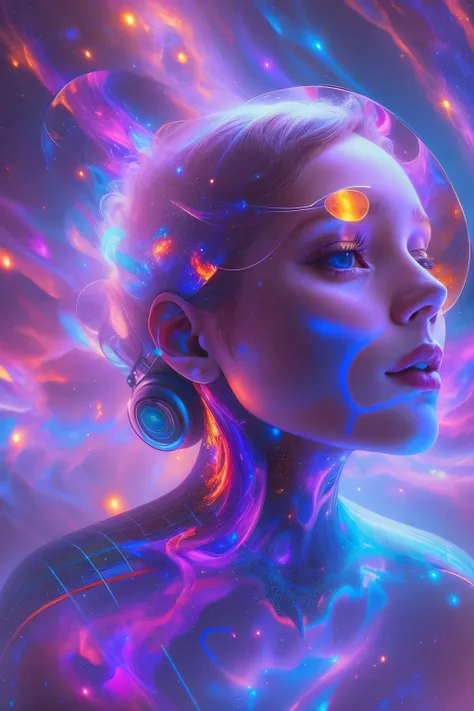 （multiple exposure：1.8），Dubrec style，Girl virtual holographic digital avatar，Futuristic magnificent starry sky image foreground，psychedelic planet，In space，Complex illustrations in surrealist art style，Surreal dreams，Become an invisible virtual hologram，Tr...