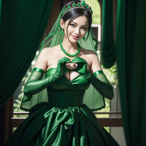 emerald tiara, Green Pearl Necklace, Boyish very short black hair, lipsticks, Japan woman smiling, very short short hair,  big breasts beautiful, Green eyes, Long green gloves made of satin material, Green eyes, Emerald Earrings, green vale, Heart with bot...