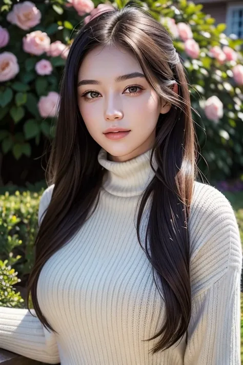 masterpiece,DSLR photo,analog style,nikon d5,real photo,a photo of a beautiful 20 year old woman,dramatic lighting (85mm),with Blooming garden in the background,(detailed facial features),(detailed shiny eyes),dynamic angle,Michelangelo style,long hair,tur...