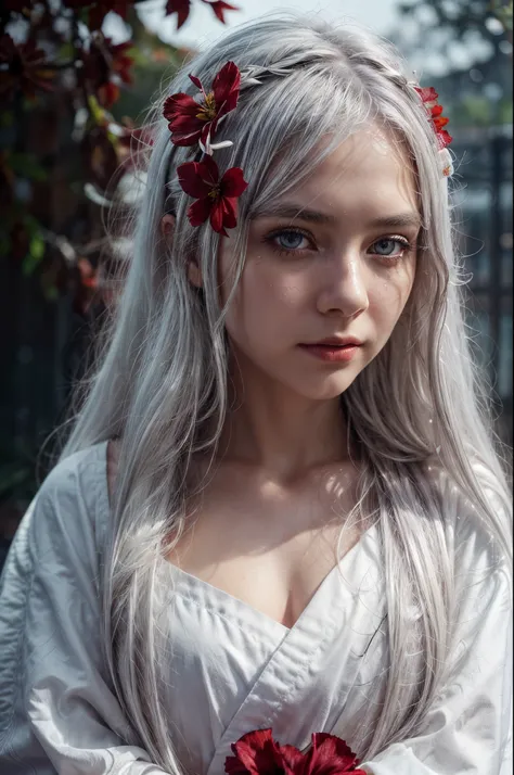 1girl,solo,1girl,solo,((beautiful detailed eyes)), (detailed light),depth of field,(white hair),silver eyes,hair over one eye,(red flower ), hair flower,long hair,black cloak,wet,emotionless,looking back,night,starfall,raining,fog,red flowers falling,sketc...