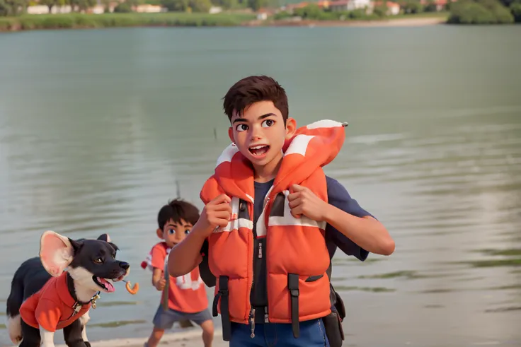 Criar um menino de 14 anos dando joia ,lago de fundo