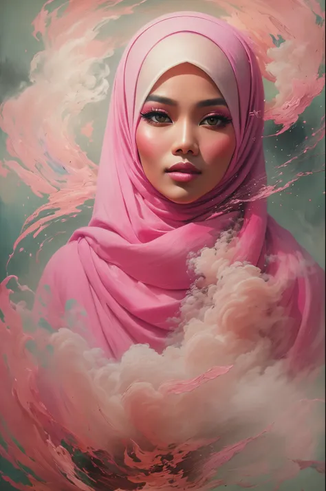 portrait of a malay woman in hijab covered in cloud of smoke, whirlwind, pink highlight colors, pink make-up, hints of pastel, misty, seductive, sultry, breathtaking, oil painting style, artistic, aesthetic modern art, shining bright pink backdrop