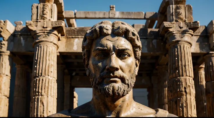 Ancient Stoic Statue With Very Angry Expression, tem barba, muitos detalhes em ambos os olhos, Outside, fundo atenas grego, open sky, com rosto extremamente detalhado full body view, Colors with low saturation with dark tone, Filmado em Sony A7S III com So...