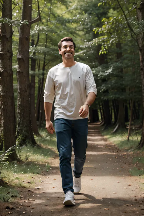 a happy man in casual outfit enjoying a walk in a forest