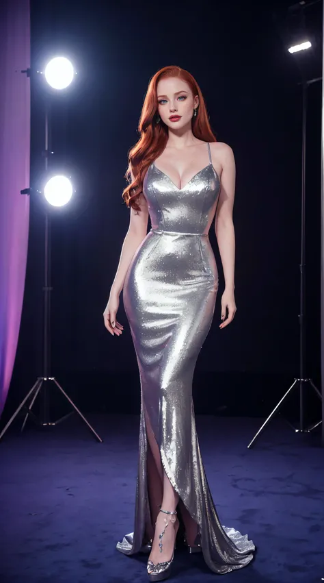 madelaine petsch, (((arriving at an big event))), (((silver Evening gown))), 60s, distant image, ((full body photography)), ((insanely detailed face)), (((photography4k))), ((night)), (((colorful spotlights))), cores vivas, fundo vivo, sozinha, holofotes