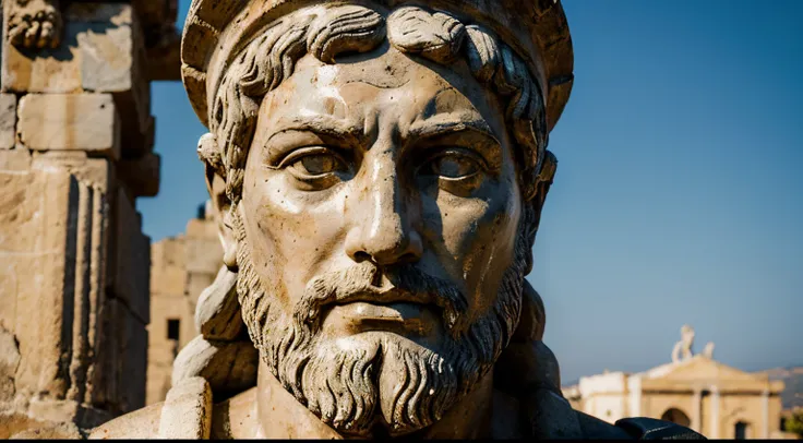 Ancient Stoic Statue With Very Angry Expression, tem barba, muitos detalhes em ambos os olhos, Outside, fundo atenas grego, open sky, com rosto extremamente detalhado full body view, Colors with low saturation with dark tone, Filmado em Sony A7S III com So...