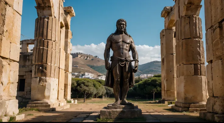 Ancient Stoic Statue With Very Angry Expression, tem barba, muitos detalhes em ambos os olhos, Outside, fundo atenas grego, open sky, com rosto extremamente detalhado full body view, Colors with low saturation with dark tone, Filmado em Sony A7S III com So...