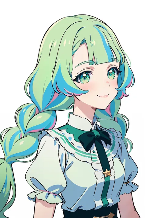 masterpiece, best quality, highres, smile, qpit_aikatsu, (multicolored hair), (( green hair)), [aqua hair], [[pink hair]], long hair, (twin braids), twintails, (front portrait shot:1.2), simple white background, (face focus:1.2), white dress, neck ribbon, ...