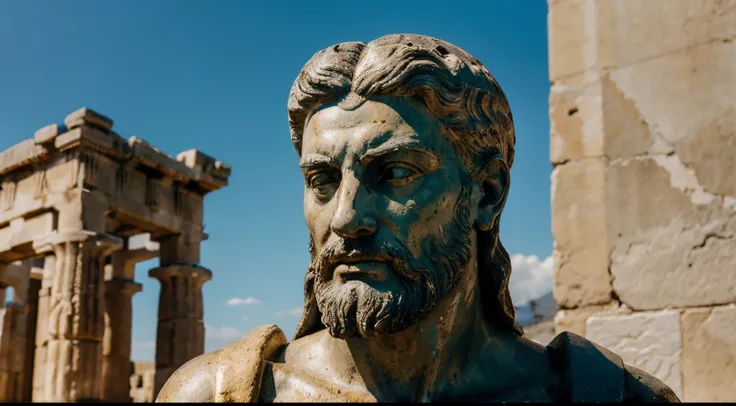 Ancient Stoic Statue With Very Angry Expression, tem barba, muitos detalhes em ambos os olhos, Outside, fundo atenas grego, open sky, com rosto extremamente detalhado full body view, Colors with low saturation with dark tone, Filmado em Sony A7S III com So...