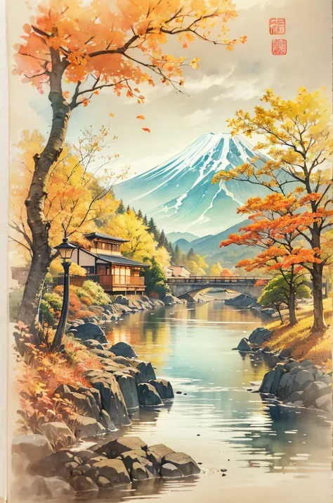 (Autumn atmosphere) In the distance you can see the beautiful and majestic Mt. Fuji can be seen from various places such as the lake, in the city, and on the Shinkansen bullet train, but it is picturesque and beautiful no matter where you look.(Ink on Japa...