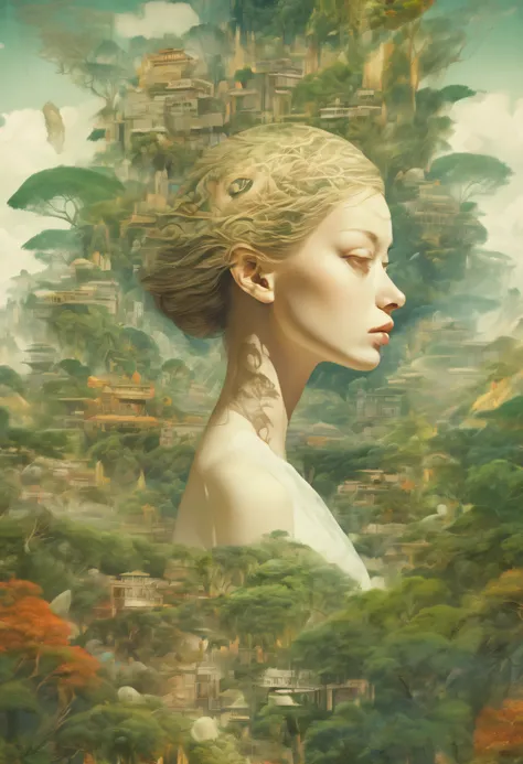 Dubrec style，Girl head portrait，Jungle mountains image foreground，（multiple exposure：1.8），Complex illustrations in surrealist art style，Surreal dreams