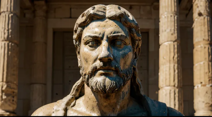 Ancient Stoic Statue With Very Angry Expression, tem barba, muitos detalhes em ambos os olhos, Outside, fundo atenas grego, open sky, com rosto extremamente detalhado full body view, Colors with low saturation with dark tone, Filmado em Sony A7S III com So...