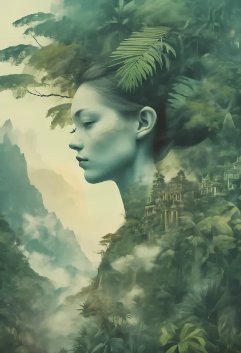 Dubrec style，Girl head portrait，Jungle mountains image foreground，（multiple exposure：1.8），Complex illustrations in surrealist art style，Surreal dreams