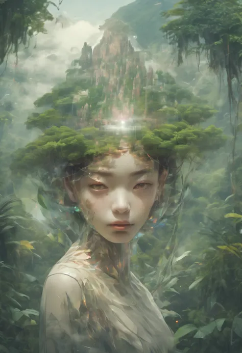 Transparent human avatar Dubrec style，Girl head portrait，Jungle mountains image foreground，（multiple exposure：1.8），Complex illustrations in surrealist art style，Surreal dreams