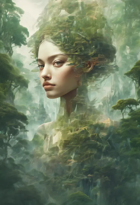 Transparent human avatar Dubrec style，Girl head portrait，Jungle mountains image foreground，（multiple exposure：1.8），Complex illustrations in surrealist art style，Surreal dreams